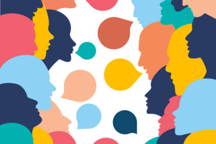 People profile heads in dialogue. Vector background.